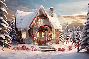 Christmas house in the forest with candies and winter holiday ornaments. Santa gingerbread house on the snow. Generated