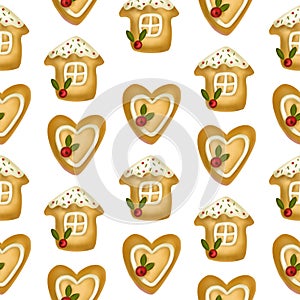 Christmas house heart cookie 3d seamless pattern vector ginger biscuit Xmas cookies