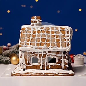 Christmas house made of gingerbread cookies decorated with sugar icing on blue background with bokeh garland