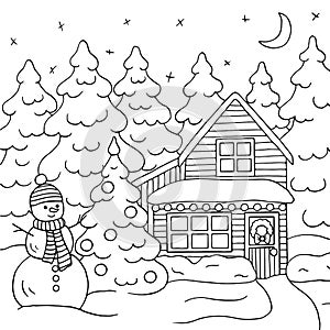 A Christmas house in the winter forest, coloring page