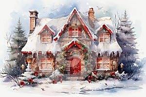 Christmas house in winter forest. Watercolor illustration. Holiday card for design or print