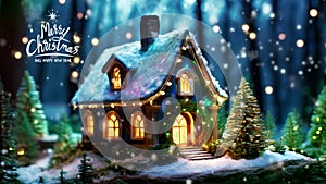 Christmas house in winter snowy forest, Copy space , christmas ornament decoration , animation christmas