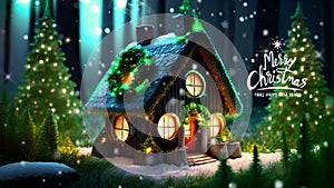 Christmas house in winter snowy forest, Copy space , christmas ornament decoration , animation christmas