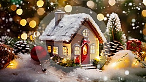 Christmas house in winter snowy forest, Copy space , christmas ornament decoration , animation christmas