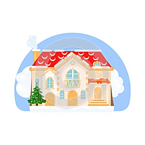 Christmas House with Xmas Tree and Snow Template. New Year Winter Scene in Flat Style. Winter Holiday Greeting Card Template.