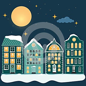 Christmas houses, city buildings in Scandinavian style. Cozy winter holidays town panorama with home exteriors. Urban