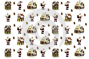 Christmas houses and Santa Claus in a red suit on a white background