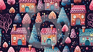 Christmas houses seamless pattern. Winter landscape with cute gingerbread houses. Merry Christmas, Happy New Year