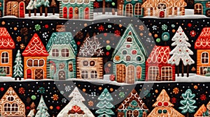 Christmas houses seamless pattern. Winter landscape with cute gingerbread houses. Merry Christmas, Happy New Year