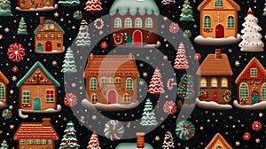 Christmas houses seamless pattern. Winter landscape with cute gingerbread houses. Merry Christmas, Happy New Year