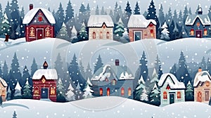 Christmas houses seamless pattern. Winter landscape with cute gingerbread houses. Merry Christmas, Happy New Year