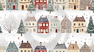 Christmas houses seamless pattern. Winter landscape with cute gingerbread houses. Merry Christmas, Happy New Year