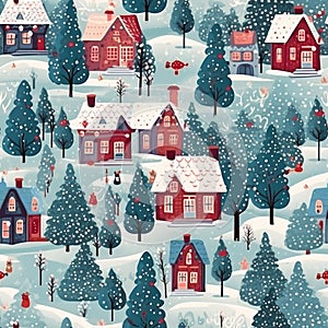 Christmas houses seamless pattern. Winter landscape with cute gingerbread houses. Merry Christmas, Happy New Year