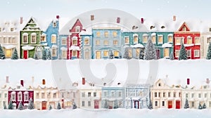 Christmas houses seamless pattern. Winter landscape with cute gingerbread houses. Merry Christmas, Happy New Year