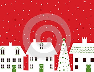 Christmas houses and snow red background photo