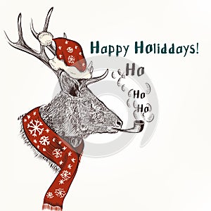 Christmas humor background with smoke deer in red scarf and hat