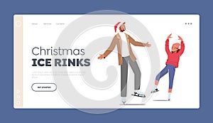 Christmas Ice Rinks Landing Page Template. Happy Father and Daughter Skating at Winter Time. Dad with Girl Skating