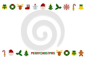 Christmas icon frame of pixel art. Vector illustration. Santa Claus, reindeer, Christmas tree, snowman, presents, etc.