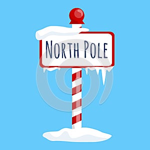 Christmas icon north pole sign with snow and ice, winter holiday xmas symbol, cartoon banner