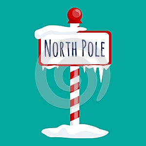 Christmas icon north pole sign with snow and ice, winter holiday xmas symbol, cartoon banner