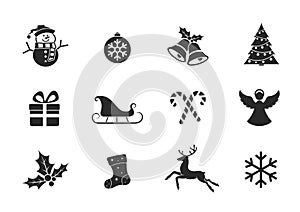 Christmas icon set. christmas ball and bells, mistletoe, gift, angel and deer, snowman, and snowflake icons
