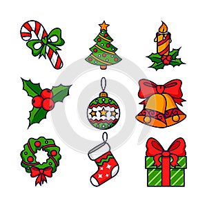 Christmas icon set. Christmas tree, Sock, wreath, bells, candy cane, ball, candle, gift box, poinsettia flower