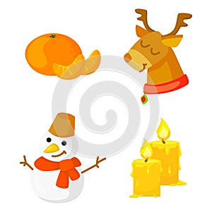 Christmas Icon Set Collection Vector. cartoon. New year traditional symbols . and icons objects. Snowman, deer, candles