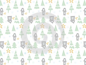 Christmas Icons background with New Year Tree, Snow and Stars. Happy Winter Holiday Wallpaper with Nature Decor elements. Fir Tree
