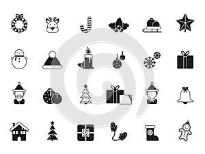 Christmas icons. Bells and santa, elf and celebration gifts, green tree and candied december winter season items and