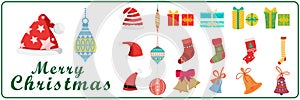 Christmas icons of gingerbread Santa hat candy reindeer sledge tree decoration snowman socks bell hand gloves chocolate stars