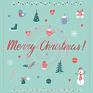 Christmas  icons and hand drawn lettering Merry Christmas