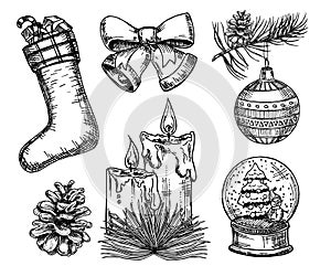 Christmas icons hand drawn sketch set. Isolated retro holidays object