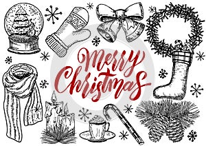 Christmas icons hand drawn sketch set. Isolated retro holidays object, symbol, element. Christmas tree, Christmas wreath