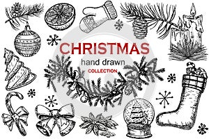 Christmas icons hand drawn sketch set. Isolated retro holidays object, symbol, element. Christmas tree, Christmas wreath