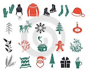 Christmas icons isolated on white background. New Year elements. Winter symbol. Flat christmas icons.