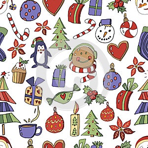 Christmas Icons Seamless Pattern with New Year Tree, penguin, gingerbread, gifts, lollipop, cupcake and decor. Happy Winter
