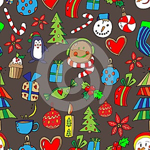 Christmas Icons Seamless Pattern with New Year Tree, penguin, gingerbread, gifts, lollipop, cupcake and decor. Happy Winter