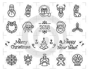 Christmas icons set, Holiday symbols, New Year icons. Chinese zodiac year of the dog 2018. Vector flat illustration