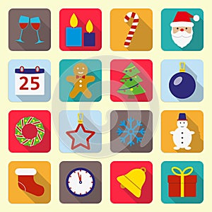 Christmas icons set. New Year and Christmas flat icons. Christmas design template. Colorful vector illustration.