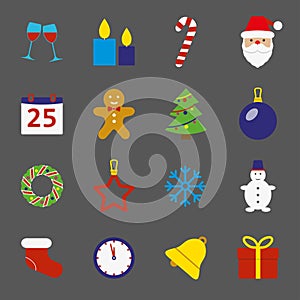 Christmas icons set. New Year and Christmas symbols in flat style. Colorful vector illustration.