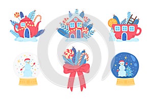 Christmas icons set. Red tea pot with candies, holiday red xmas house, glass snowglobe with snowman, red bow and sweer