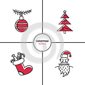 Christmas icons set - Santa Claus, christmas tree, christmas ball and Christmas sock. New year symbols