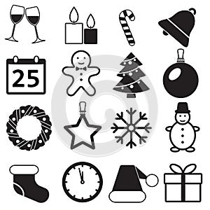 Christmas Icons set on White Background. New Year and Winter signs and symbols. Vector illustration.