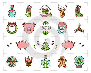 Christmas icons set, Zodiac year of the Pig 2019, New Year symbols. Colorful Christmas line icons, Holiday signs. Vector