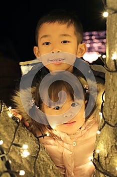 Christmas illumination and Japanese brother and sister
