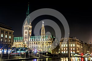 Christmas illuminations at square before Rathaus in Hamburg