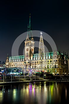 Christmas illuminations at square before Rathaus in Hamburg