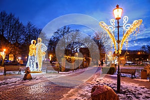 Christmas illuminations in a winter park in the old town of Gdansk, Poland