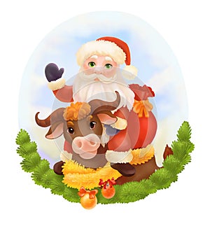Christmas illustration 2021. Santa sits on a bull and waves his hand. Cute bright postcard or print. Cartoon characters