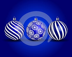 Christmas illustration, 3d, different bright blue holiday balls on a blue gradient background, greeting card